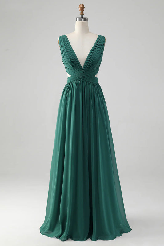 A Line V Neck Pleated Chiffon Long Bridesmaid Dress