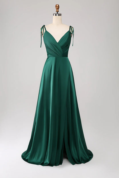 A-Line Spaghetti Straps Pleated Satin Long Dark Green Maxi Dress