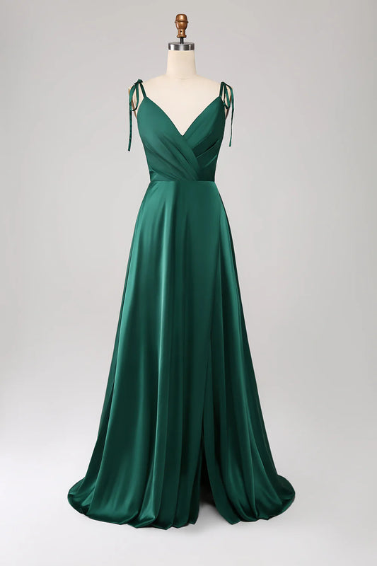A-Line Spaghetti Straps Pleated Satin Long Dark Green Maxi Dress
