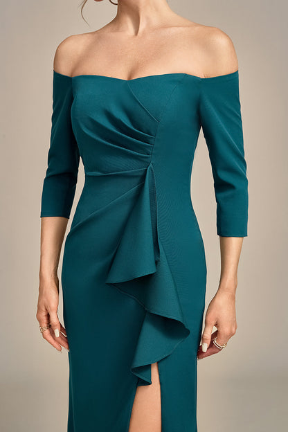 Dark Green Off The Shoulder Cascading Ruffled Mother Of The Bride Dress