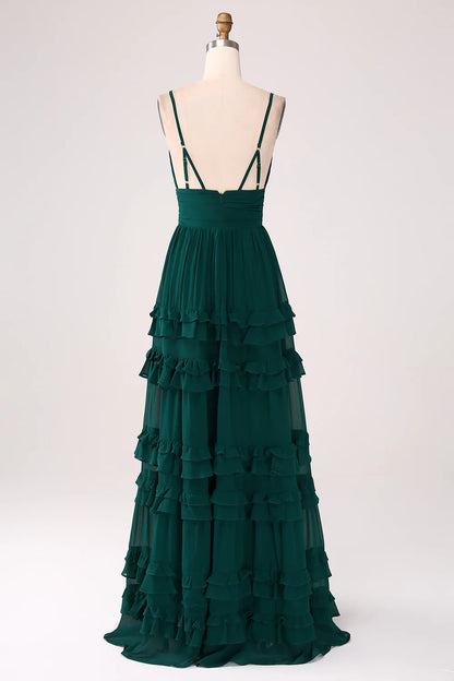 A-Line Spaghetti Straps Tiered Pleated Floor Length Bridesmaid Dress