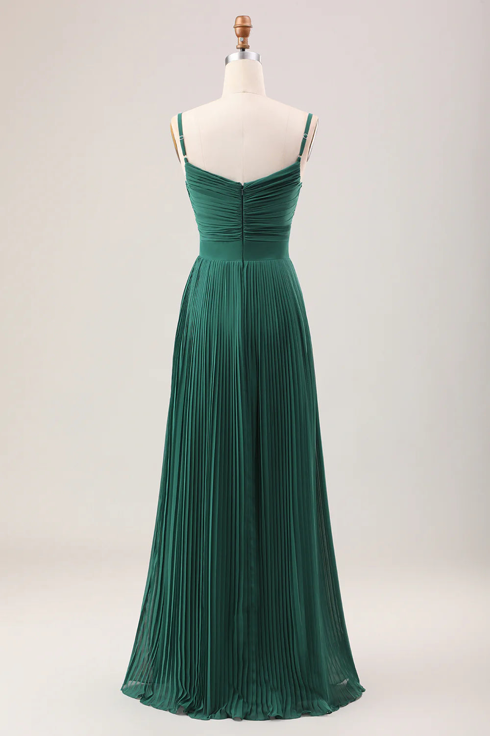 A-Line Spaghetti Straps Pleated Chiffon Long Bridesmaid Dress