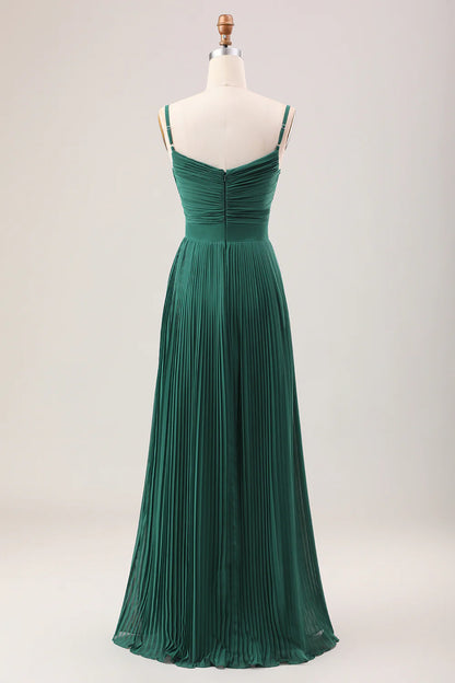 A-Line Spaghetti Straps Pleated Chiffon Long Bridesmaid Dress