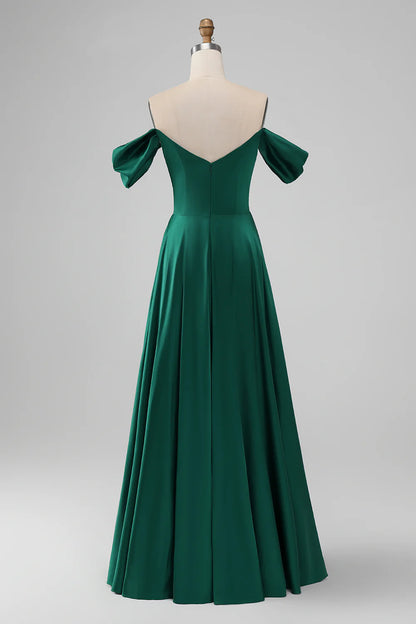 A-Line Off The Shoulder Pleated Satin Long Bridesmaid Dress