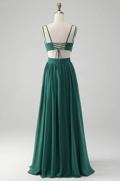 A Line V Neck Pleated Chiffon Long Bridesmaid Dress