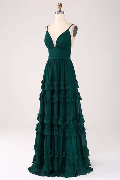 A-Line Spaghetti Straps Tiered Pleated Floor Length Bridesmaid Dress
