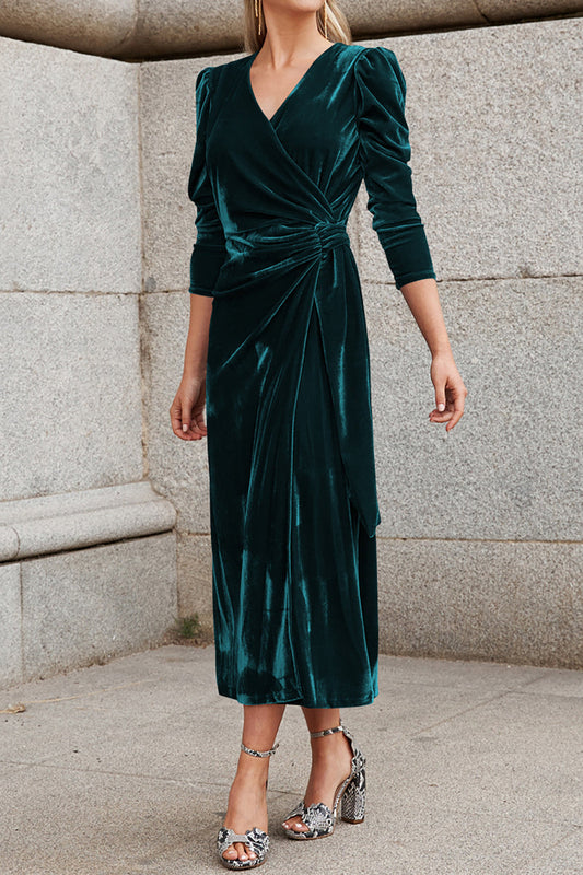 Dark Green V Neck Velvet Evening Gown Dress With Long Sleeves