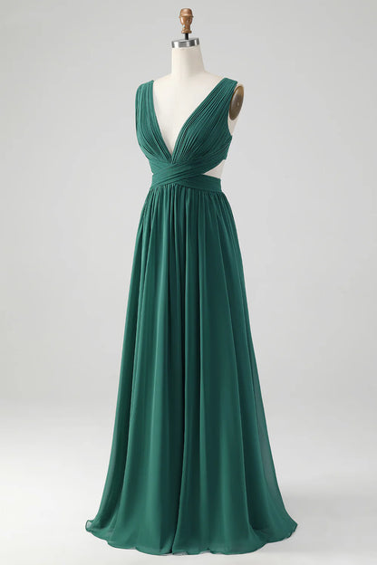 A Line V Neck Pleated Chiffon Long Bridesmaid Dress