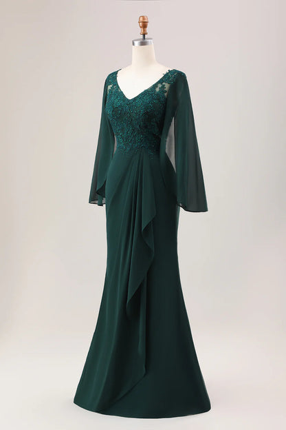 Dark Green Mermaid V Neck Beaded Mother of the Bride Dress