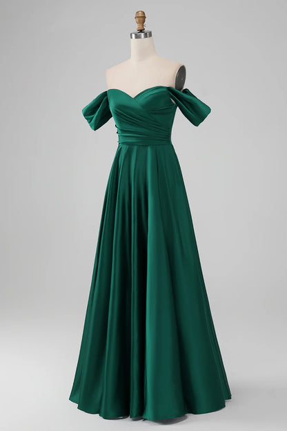 A-Line Off The Shoulder Pleated Satin Long Bridesmaid Dress