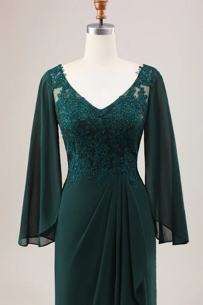 Dark Green Mermaid V Neck Beaded Mother of the Bride Dress