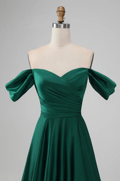 A-Line Off The Shoulder Pleated Satin Long Bridesmaid Dress