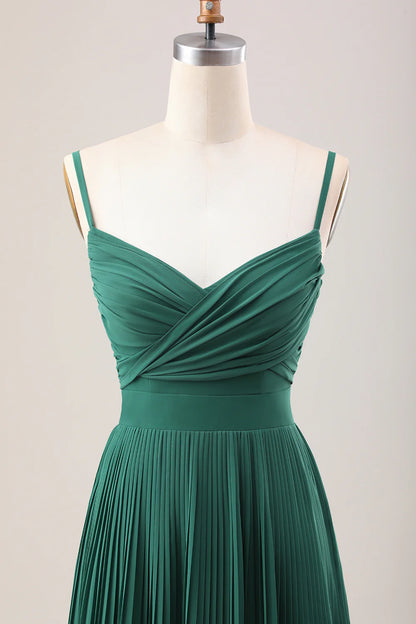 A-Line Spaghetti Straps Pleated Chiffon Long Bridesmaid Dress