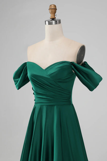 A-Line Off The Shoulder Pleated Satin Long Bridesmaid Dress