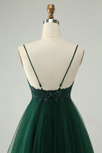 Glitter Dark Green A Line Beaded Tulle Homecoming Dress