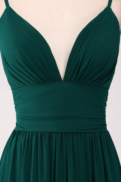 A-Line Spaghetti Straps Tiered Pleated Floor Length Bridesmaid Dress