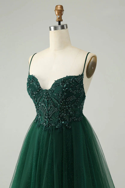 Glitter Dark Green A Line Beaded Tulle Homecoming Dress