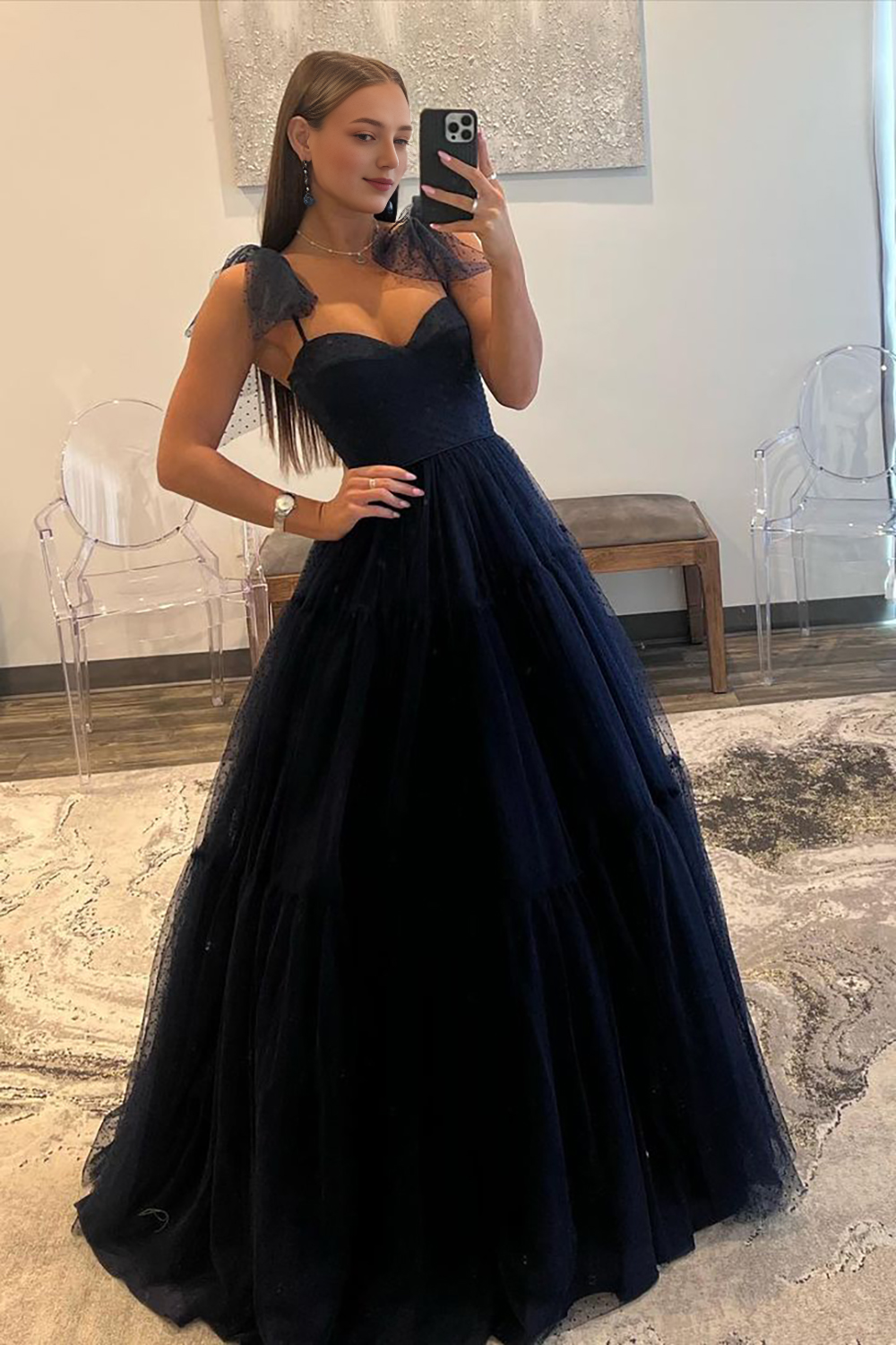 A-Line Tie Straps Zipper Back Long Tulle Prom Dress