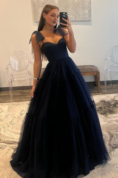 A-Line Tie Straps Zipper Back Long Tulle Prom Dress