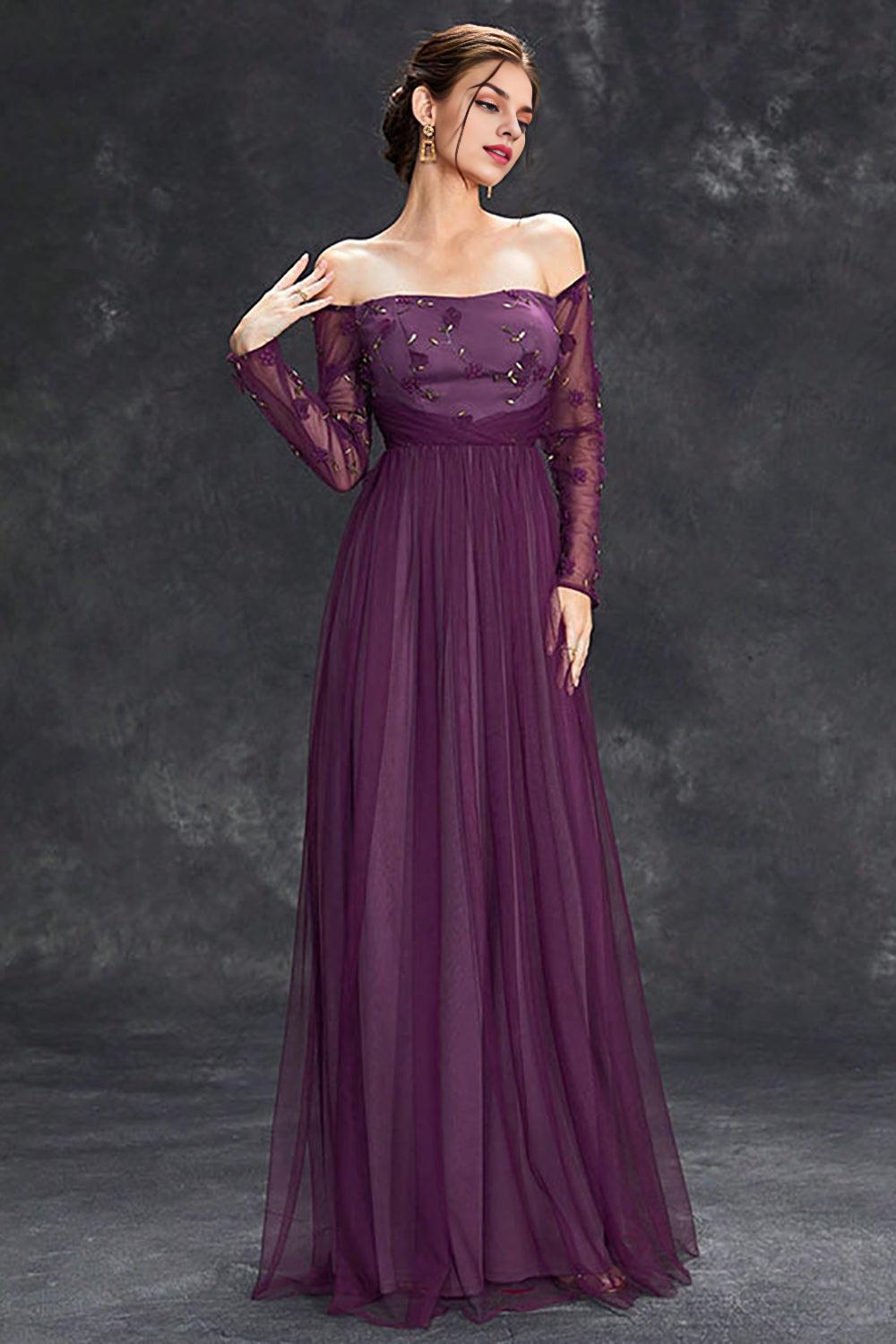 Tulle Off The Shoulder Dark Purple Mother of the Bride Dresses with Sleeves