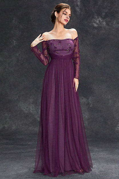 Tulle Off The Shoulder Dark Purple Mother of the Bride Dresses with Sleeves