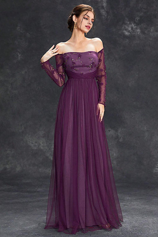 Tulle Off The Shoulder Dark Purple Mother of the Bride Dresses with Sleeves
