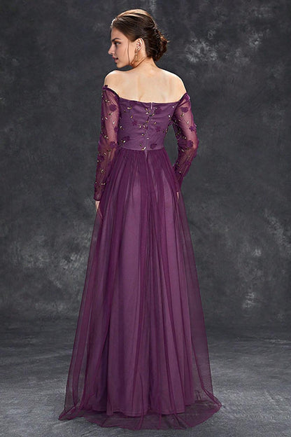 Tulle Off The Shoulder Dark Purple Mother of the Bride Dresses with Sleeves