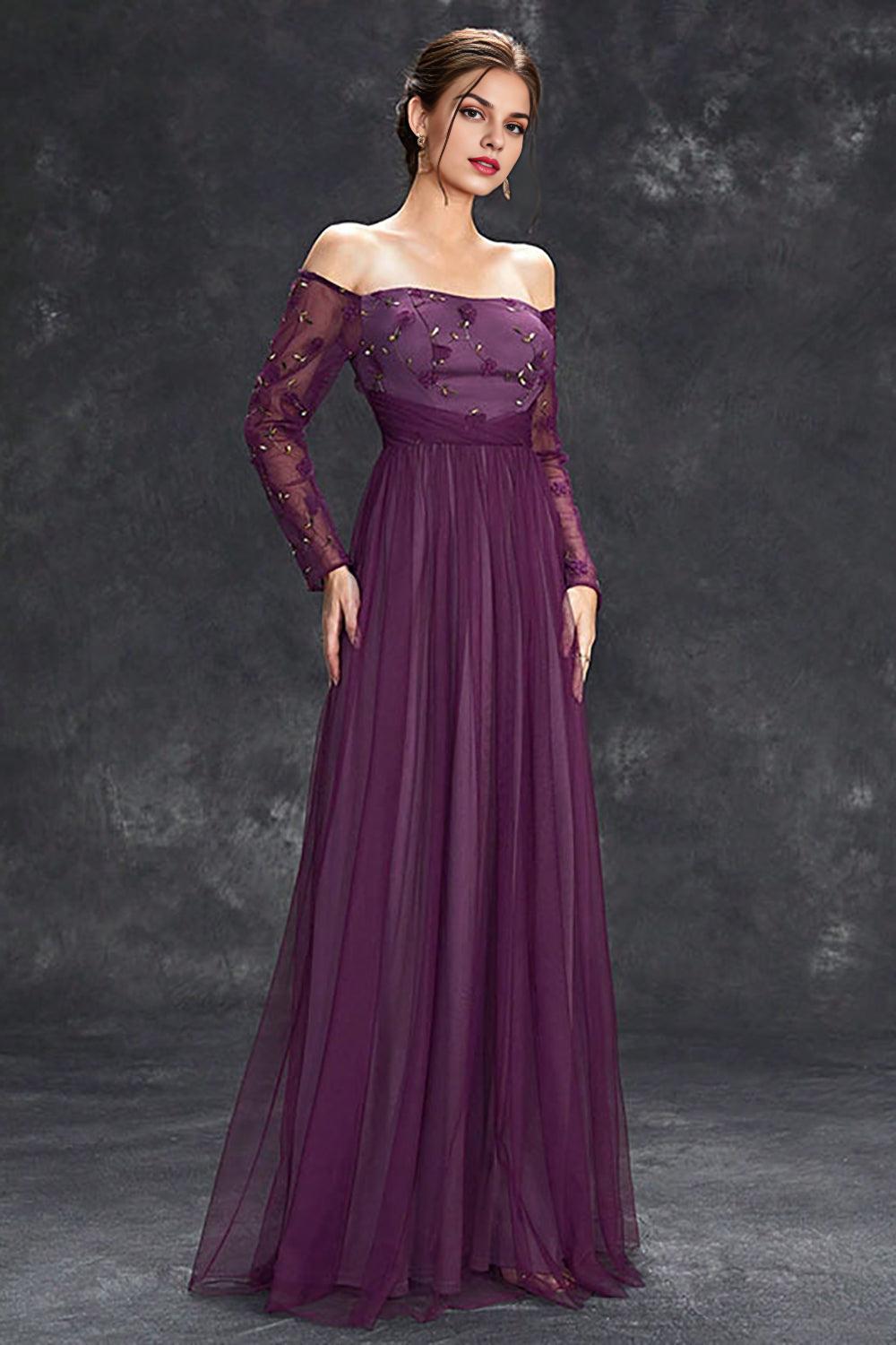 Tulle Off The Shoulder Dark Purple Mother of the Bride Dresses with Sleeves
