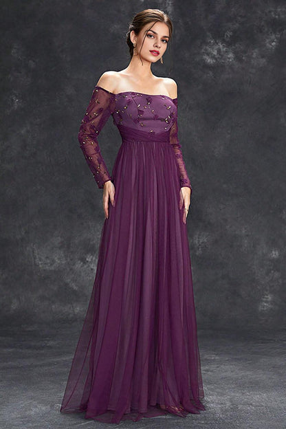 Tulle Off The Shoulder Dark Purple Mother of the Bride Dresses with Sleeves