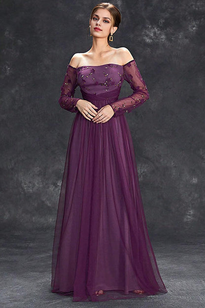 Tulle Off The Shoulder Dark Purple Mother of the Bride Dresses with Sleeves