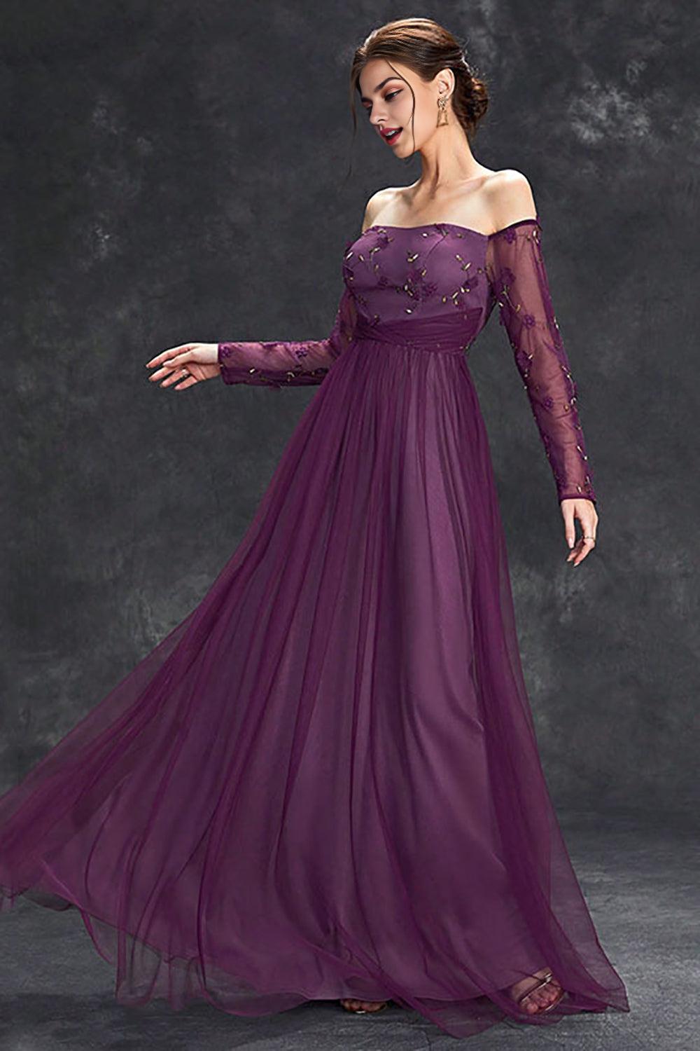 Tulle Off The Shoulder Dark Purple Mother of the Bride Dresses with Sleeves