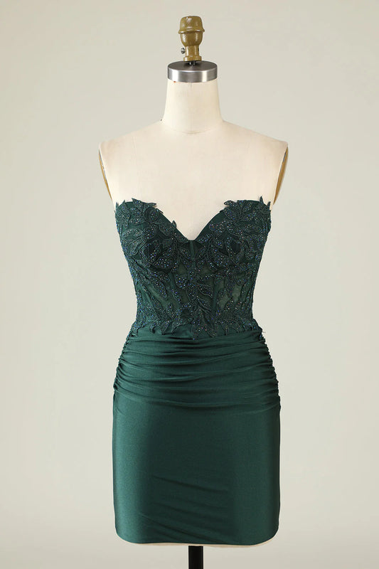 Dark Green Bodycon Strapless Applique Short Homecoming Dress