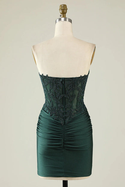 Dark Green Bodycon Strapless Applique Short Homecoming Dress