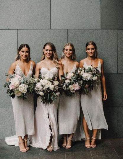 Sexy deep V-neck ankle length A-line wedding dress with side slit wedding dress