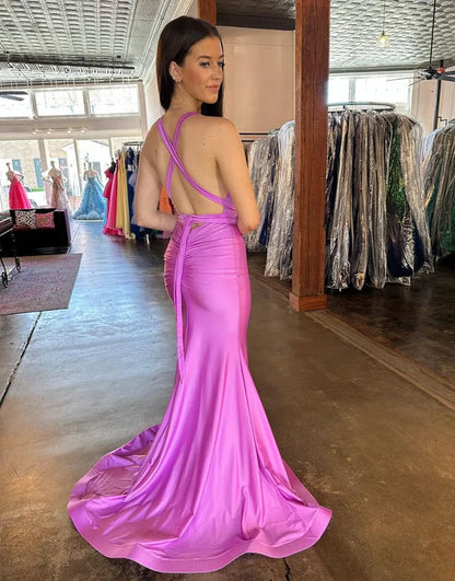 Sexy deep V-neck sloping back long slit satin ball dress