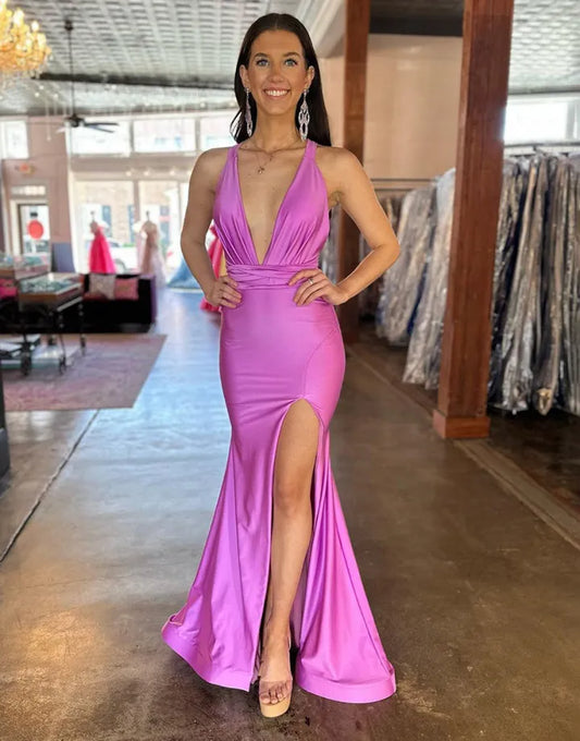 Sexy deep V-neck sloping back long slit satin ball dress