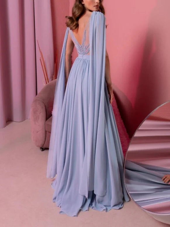 Deep V Neck Chiffon Prom Dress with Cape Sleeves High Slit Flowy Evening Gown