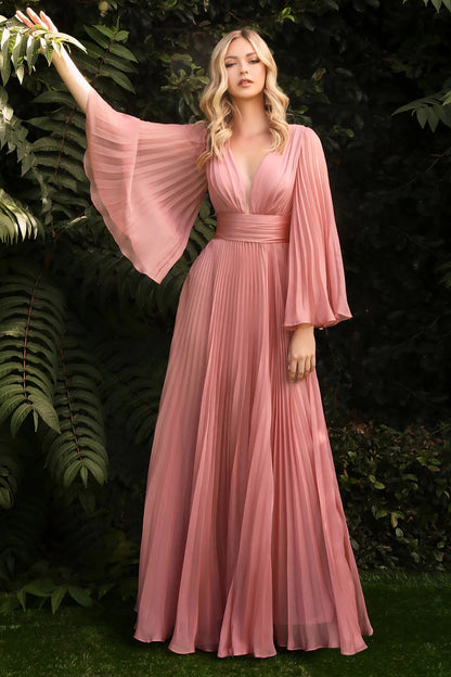 Deep V Neck Dusty Rose Pleated Chiffon Evening Dresses with Bell Sleeves and Floor-Length Skirt