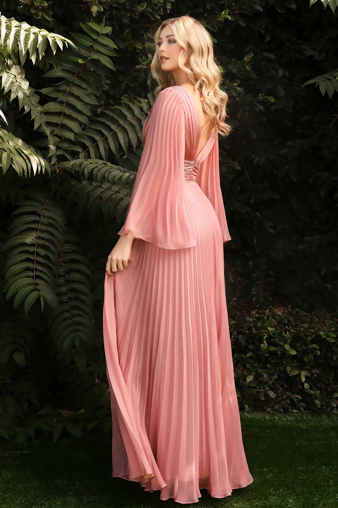 Deep V Neck Dusty Rose Pleated Chiffon Evening Dresses with Bell Sleeves and Floor-Length Skirt
