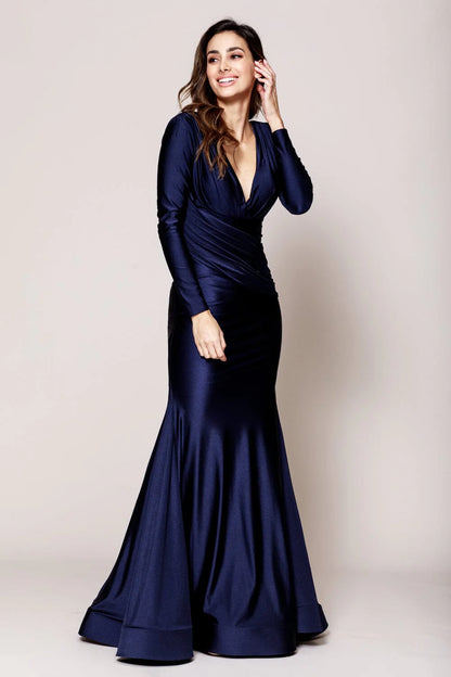 Deep V Neck Gold Satin Ruched Mermaid Evening Dresses with Long Sleeves and Floor-Length Skirt