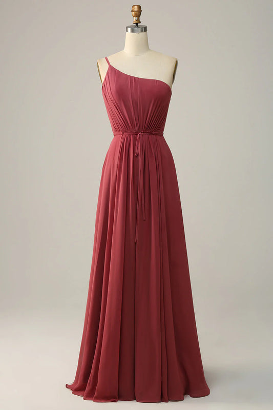 A Line One Shoulder Chiffon Long Bridesmaid Dress