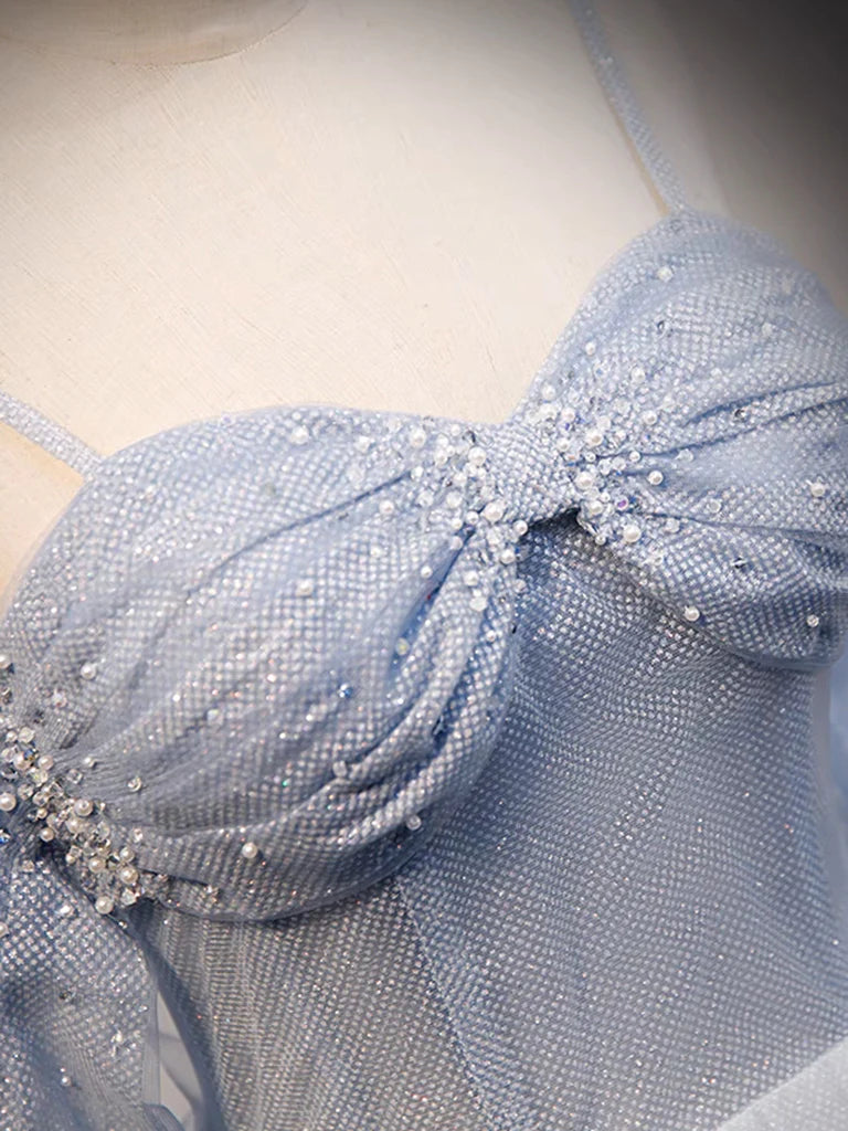 A-Line Off Shoulder Tulle Gray Blue Long Prom Dress Gray Blue Long Formal Dress