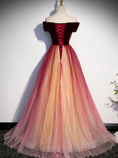 Burgundy A line tulle sequin long prom dress burgundy long dress
