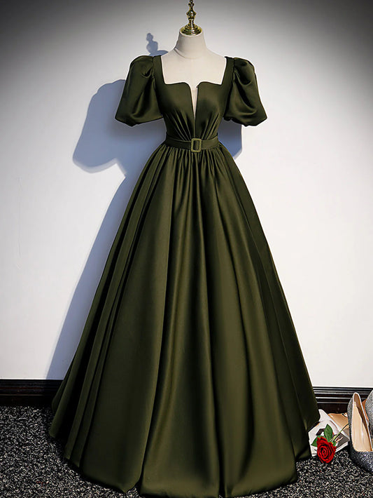 Green Satin A Line Long Prom Dress Green Formal Evening Dress