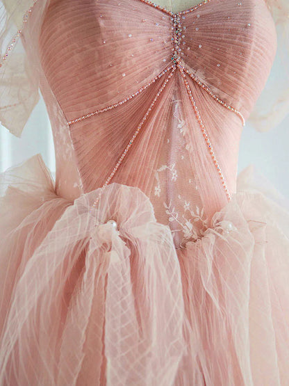 Pink tulle lace long prom dress pink tulle prom dress