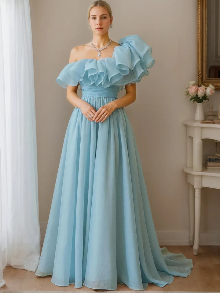 Dreamy Sky Blue Off-Shoulder Ruffle One-Shoulder A-Line Floor-Length Prom Dresses with Sweep Train