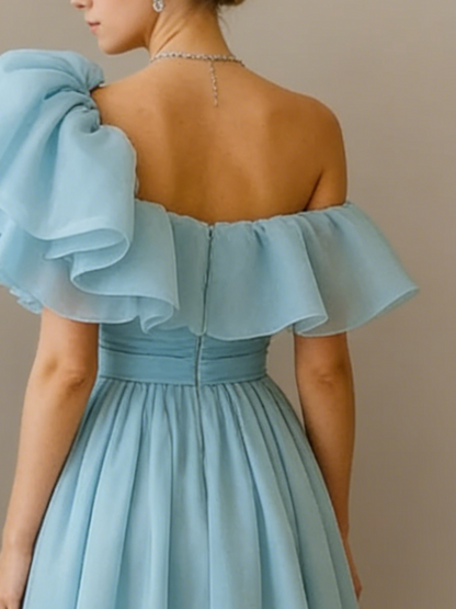 Dreamy Sky Blue Off-Shoulder Ruffle One-Shoulder A-Line Floor-Length Prom Dresses with Sweep Train