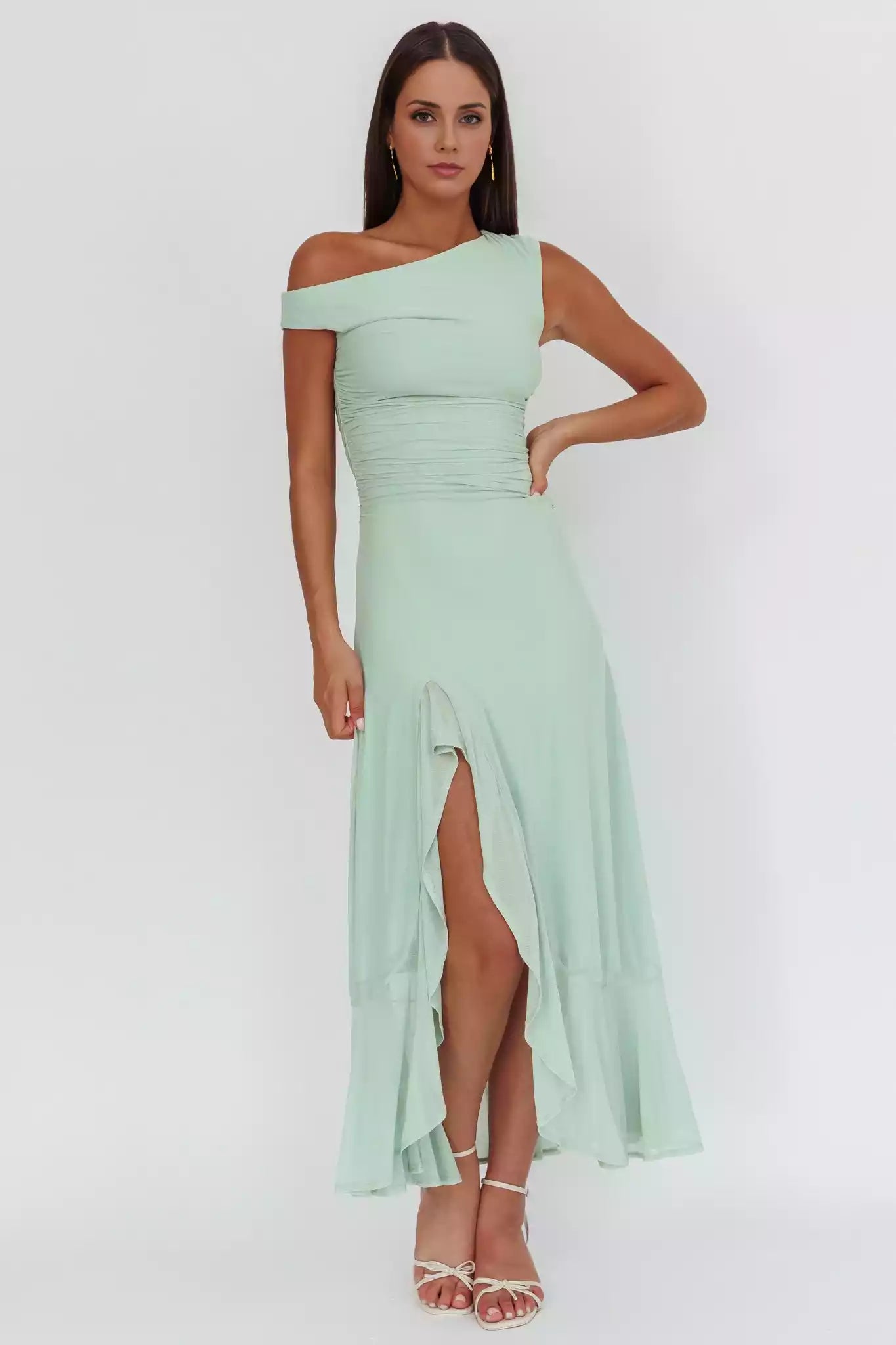 Dreamy asymmetrical off shoulder collar with leg slits and side zippers Prom Dresses