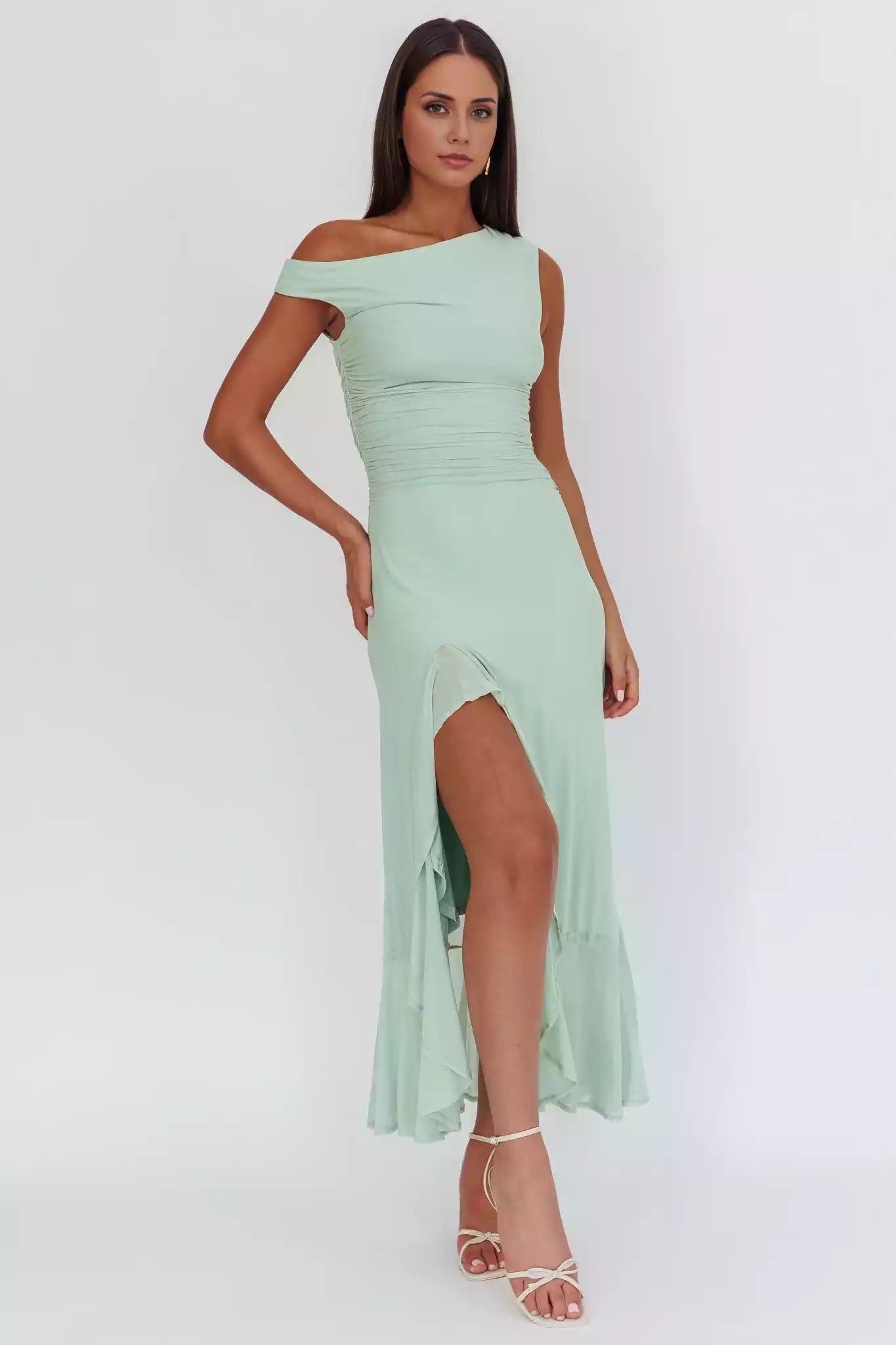 Dreamy asymmetrical off shoulder collar with leg slits and side zippers Prom Dresses