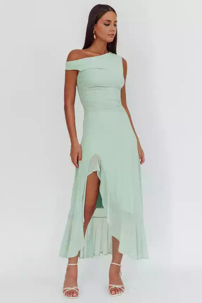 Dreamy asymmetrical off shoulder collar with leg slits and side zippers Prom Dresses